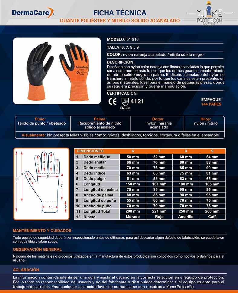 GUANTE NYLON NARANJA Y NITRILO SOLIDO ACANALADO EN PALMA DERMACARE MOD. 51-816 - Image 5