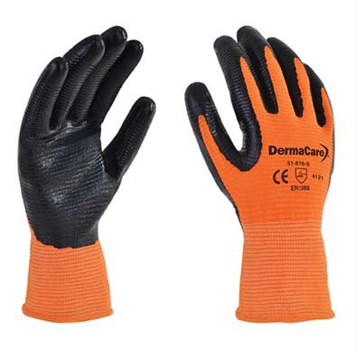 GUANTE NYLON NARANJA Y NITRILO SOLIDO ACANALADO EN PALMA DERMACARE MOD. 51-816